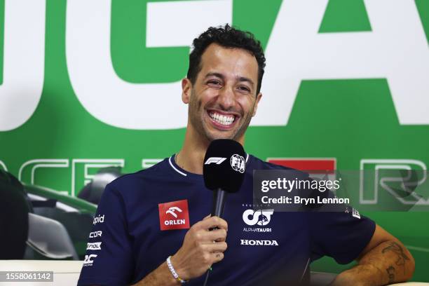 Daniel Ricciardo of Australia and Scuderia AlphaTauri attends the Drivers Press Conference during previews ahead of the F1 Grand Prix of Hungary at...