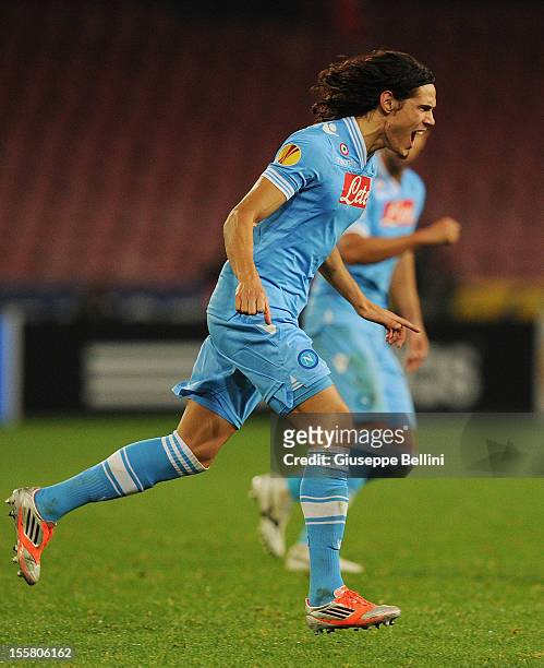 Edinson Cavani of Napoli celebrates after scoring the goal 2-2 during the UEFA Europa League Group F match between SSC Napoli and FC Dnipro...