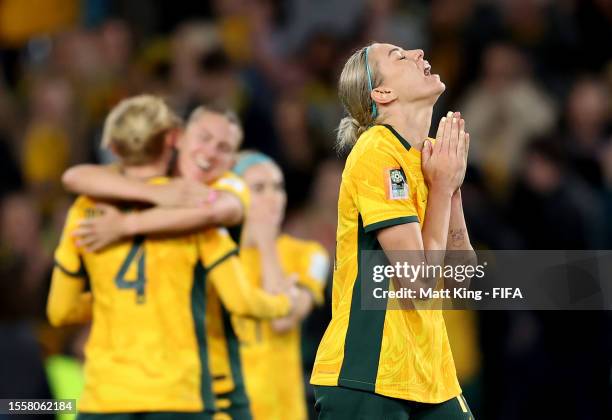 Alanna Kennedy of Australia celebrates the team's 1-0 victory in the FIFA Women's World Cup Australia & New Zealand 2023 Group B match between...