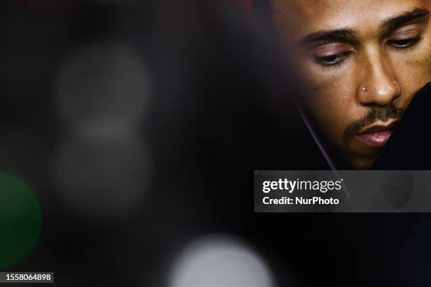 Lewis Hamilton of Mercedes attends a press conference ahead of the F1 Grand Prix of Belgium at Circuit de Spa-Francorchamps on July 27, 2023 in Spa,...