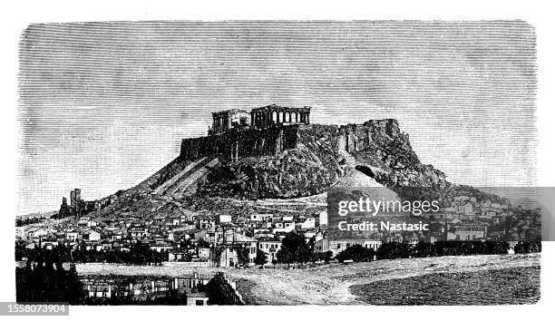 view of athens with the acropolis - athens cityscape stock illustrations