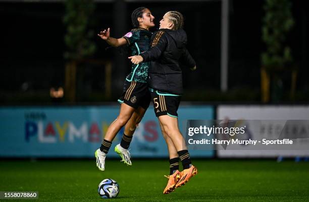 Ilayda Acikgöz and Jella Veit of Germany after their side's victory in during the UEFA Women's European Under-19 Championship 2022/23 semi-final...