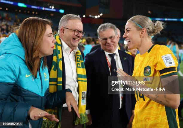 Alanna Kennedy of Australia is congratulated by Anthony Albanese, Prime Minister of Australia, after the team's 1-0 victory in the FIFA Women's World...