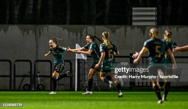 Franziska Kett of Germany, left, celebrates with teammates after scoring her side's third goal during the UEFA Women's European Under-19 Championship...