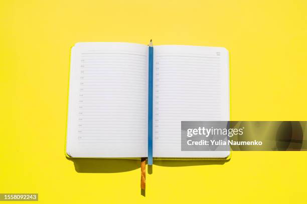 diary and pencil on a bright background. - blank pages in open book overhead view stock pictures, royalty-free photos & images