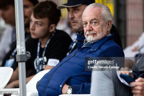 Aurelio De Laurentiis, chairman of SSC Napoli, looks on prior to the pre-season friendly football match between SSC Napoli and SPAL. The match ended...