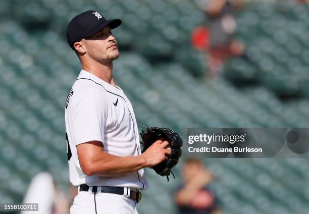 Matt Manning of the Detroit Tigers reacts after giving up a solo home run to Shohei Ohtani of the Los Angeles Angels during the fourth inning of game...