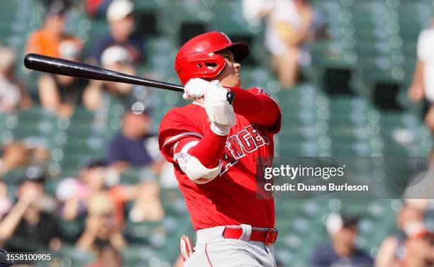 Shohei Ohtani of the Los Angeles Angels hits a solo home run against the Detroit Tigers during the fourth inning of game two of a doubleheader at...