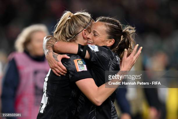 Katie Bowen and Ria Percival of New Zealand celebrate their team's 1-0 win during the FIFA Women's World Cup Australia & New Zealand 2023 Group A...