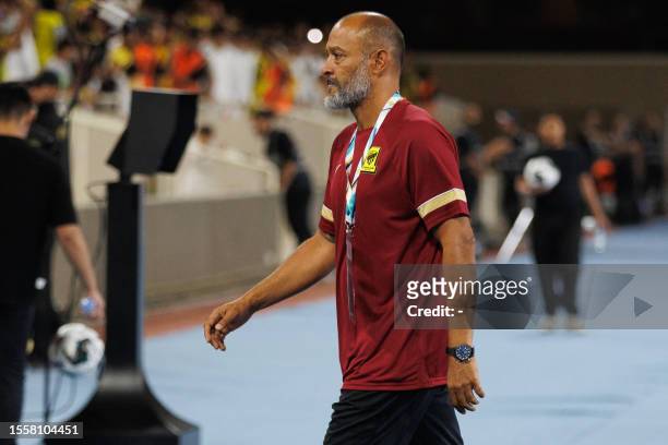Ittihad's Portuguese coach Nuno Espirito Santo heads to the locker room at the end of the 2023 Arab Club Champions Cup group A football match between...
