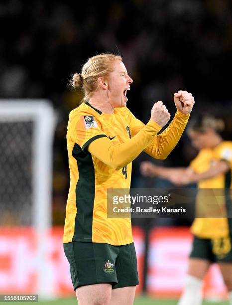 Clare Polkinghorne of the Matildas celebrates victory after the FIFA Women's World Cup Australia & New Zealand 2023 Group B match between Australia...