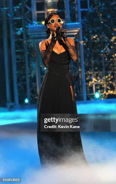 Rihanna performs during the 2012 Victoria's Secret Fashion Show at the Lexington Avenue Armory on November 7, 2012 in New York City.