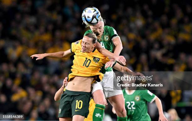 Emily Van Egmond of the Matildas and Louise Quinn of Ireland challenge for the ball during the FIFA Women's World Cup Australia & New Zealand 2023...