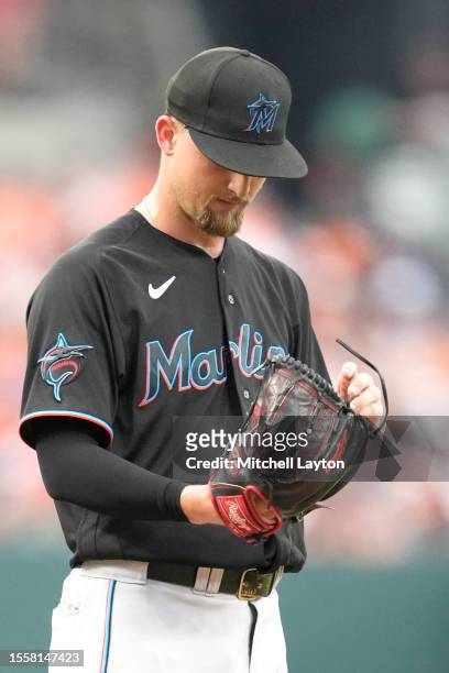 Braxton Garrett of the Miami Marlins pitches during a baseball game against the Baltimore Orioles at Oriole Park at Camden yards on July 15, 2023 in...