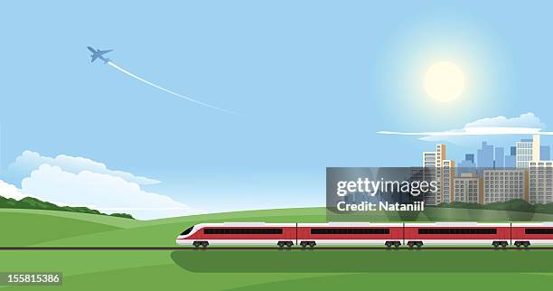 cartoon image of a train on a journey out of the city - journey vector stock illustrations