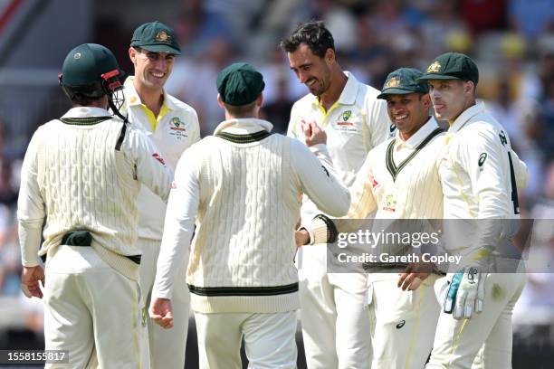 Usman Khawaja of Australia celebrates with teammates after catching out Moeen Ali of England during day two of the LV= Insurance Ashes 4th Test Match...