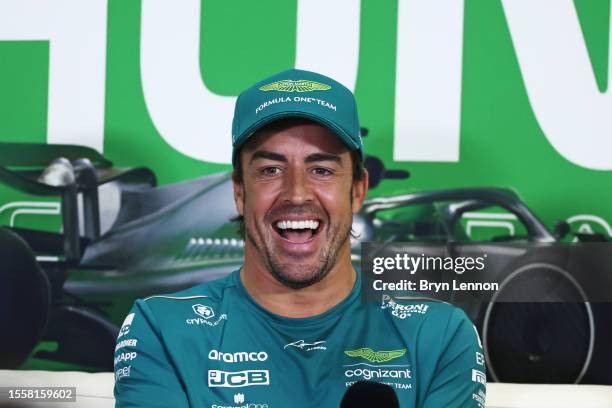 Fernando Alonso of Spain and Aston Martin F1 Team attends the Drivers Press Conference during previews ahead of the F1 Grand Prix of Hungary at...