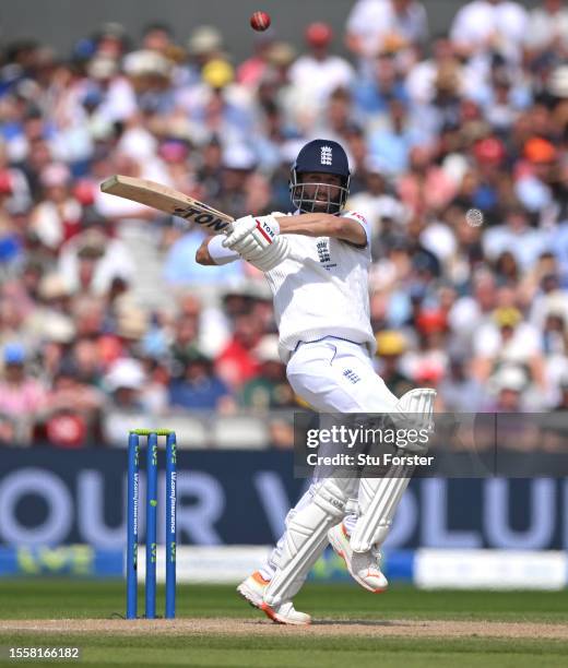 England batsman Moeen Ali hits out during day two of the LV= Insurance Ashes 4th Test Match between England and Australia at Emirates Old Trafford on...