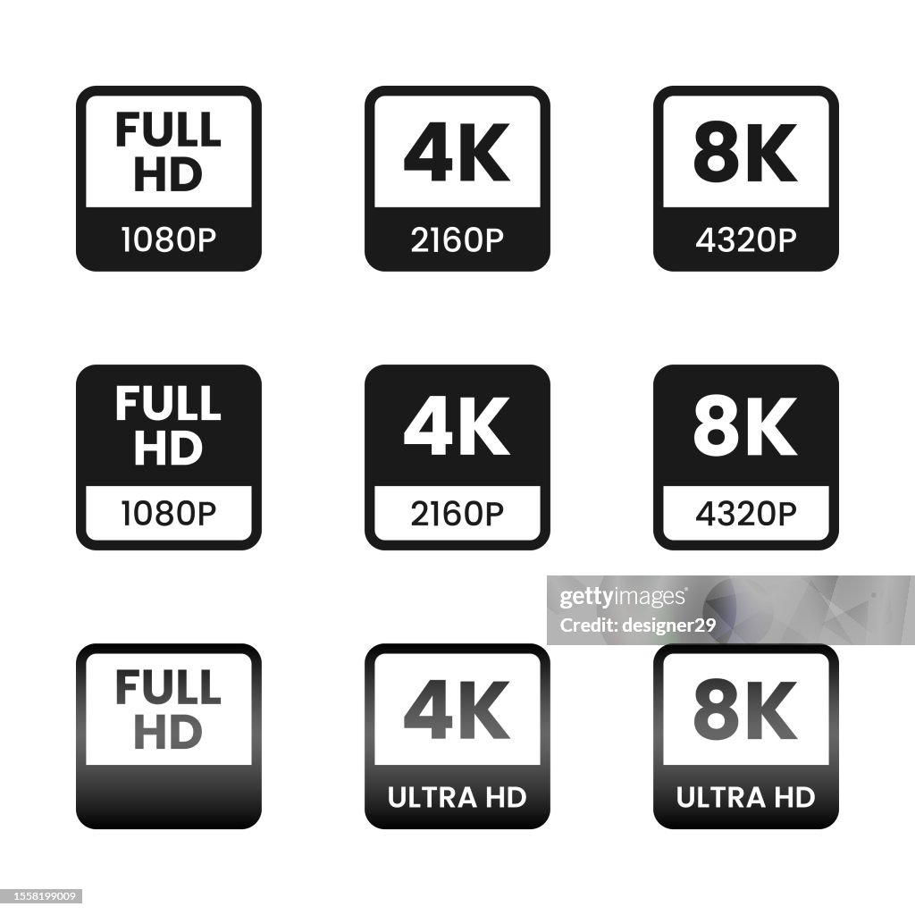Full HD, 4K and 8K Video Format Icon Set Vector Design on White Background.