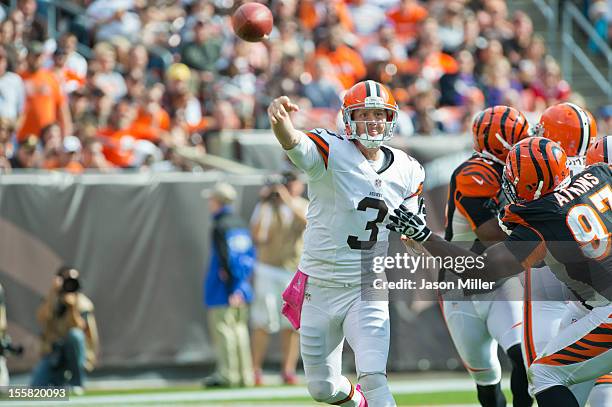 Quarterback Brandon Weeden of the Cleveland Browns throws the ball against the Cincinnati Bengals at Cleveland Browns Stadium on October 14, 2012 in...