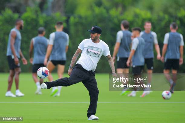 Co-owner of Inter Miami CF David Beckham controls the ball during an Inter Miami CF Training Session at Florida Blue Training Center on July 20, 2023...
