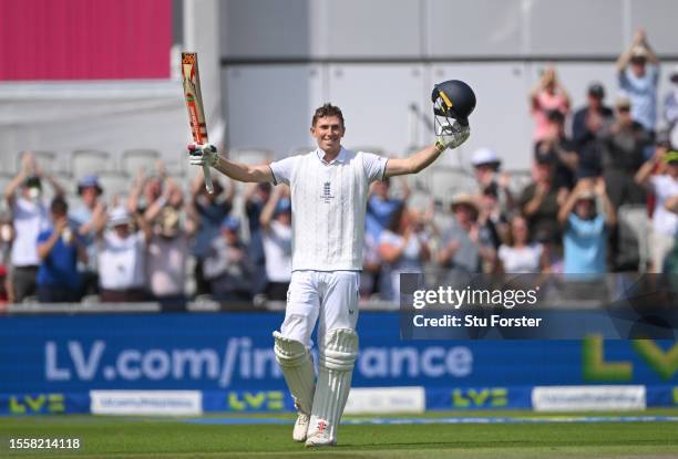 England batsman Zak Crawley celebrates his century during day two of the LV= Insurance Ashes 4th Test Match between England and Australia at Emirates...