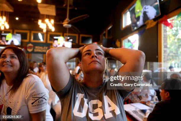 Michelle Anderson, of Redondo Beach, during the final minutes of a soccer match at a viewing party for Ashley Sanchez, of Monrovia, a player on the...