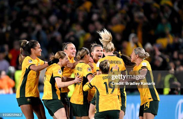 Steph Catley of Australia celebrates with team mates after scoring a goal during the FIFA Women's World Cup Australia & New Zealand 2023 Group B...