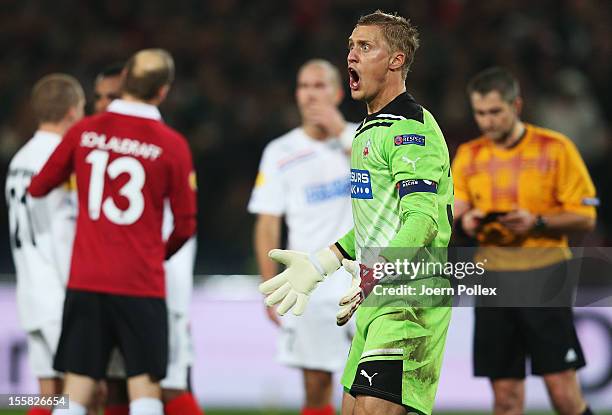 Goalkeeper Paer Hansson of Helsingborg reacts during the UEFA Europa League Group L match between Hannover 96 and Helsingborgs IF at AWD Arena on...