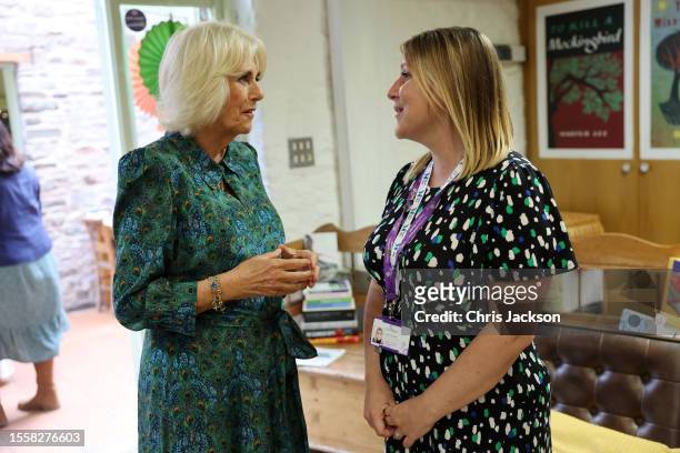 Queen Camilla meets with representatives and staff from Calan DVS, one of the largest domestic abuse charities operating in Wales, on July 20, 2023...