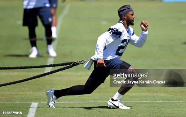 Running back Tony Pollard of the Dallas Cowboys participates in drills during training camp at River Ridge Playing Fields on July 27, 2023 in Oxnard,...