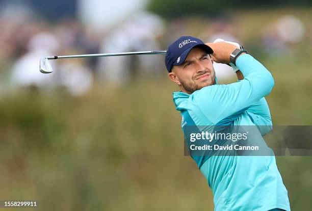 Alex Maguire of Ireland plays his second shot on the seventh hole during the first round of The 151st Open at Royal Liverpool Golf Club on July 20,...