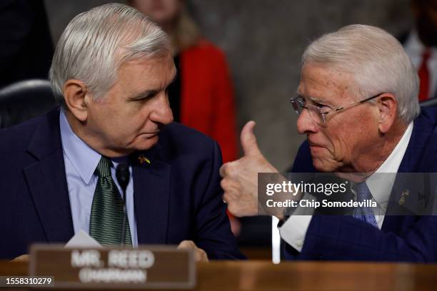 Senate Armed Services Committee Chairman Jack Reed and ranking member Sen. Roger Wicker talk before U.S. Air Force Lieutenant General Timothy Haugh's...