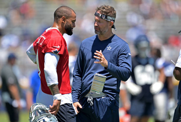 Quarterback Dak Prescott of the Dallas Cowboys talks with offensive coordinator Brian Schottenheimer during training camp at River Ridge Playing...