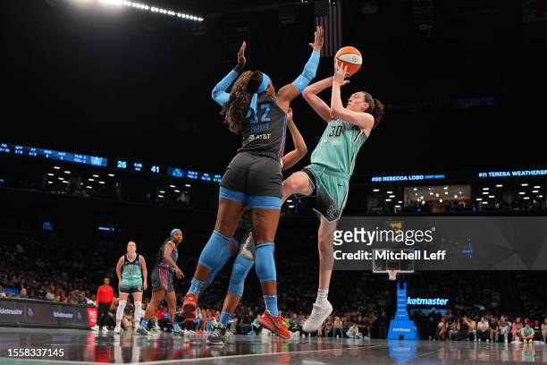 Breanna Stewart of the New York Liberty shoots the ball against Cheyenne Parker of the Atlanta Dream in the first half at the Barclays Center on July...