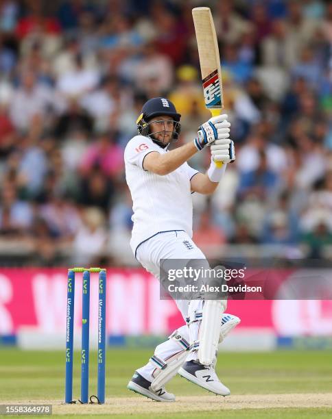 Joe Root of England reverse scoops during Day Two of the LV= Insurance Ashes 4th Test Match between England and Australia at Emirates Old Trafford on...