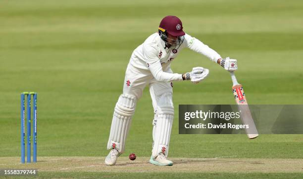 Justin Broad of Northamptonshire is trapped LBW off the bowling of Lewis Gregory of during the LV= Insurance County Championship Division 1 match...