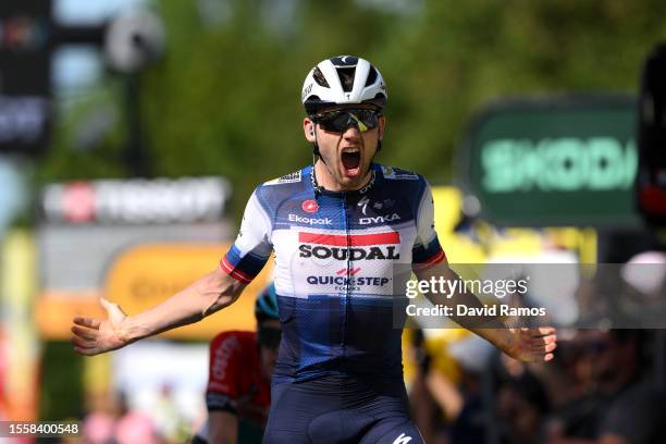 Kasper Asgreen of Denmark and Team Soudal - Quick Step celebrates at finish line as stage winner during the stage eighteen of the 110th Tour de...