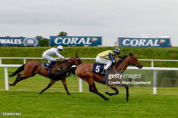 Billy Loughnane riding Surrey Charm win The Blackmore Building Contractors Handicap at Chepstow Racecourse on July 20, 2023 in Chepstow, Wales.