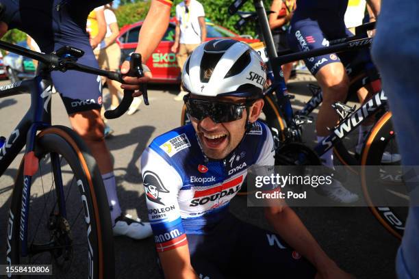 Stage winner Kasper Asgreen of Denmark and Team Soudal - Quick Step reacts after the stage eighteen of the 110th Tour de France 2023 a 184.9km stage...