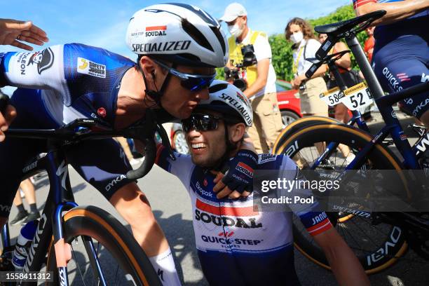 Stage winner Kasper Asgreen of Denmark and Team Soudal - Quick Step celebrates the victory with his teammate Yves Lampaert of Belgium after the stage...