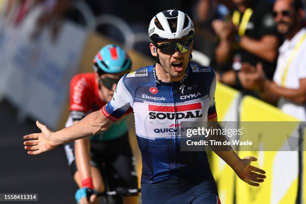 Kasper Asgreen of Denmark and Team Soudal - Quick Step celebrates at finish line as stage winner during the stage eighteen of the 110th Tour de...