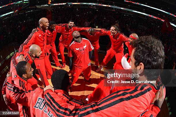 The Chicago Bulls huddle around Nate Robinson prior to the start of the game against the Oklahoma City Thunder on November 8, 2012 at the United...