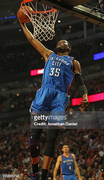 Kevin Durant of the Oklahoma City Thunder dunks the ball against the Chicago Bulls at the United Center on November 8, 2012 in Chicago, Illinois....