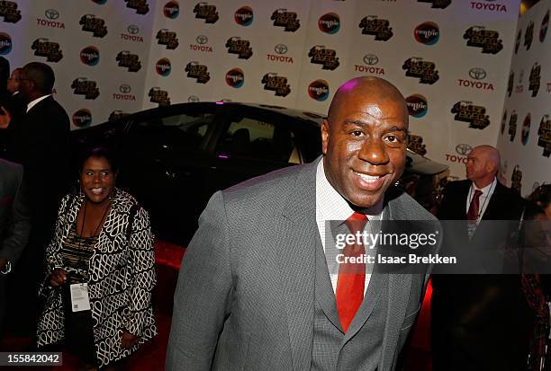 Former NBA player Earvin "Magic" Johnson arrives at the Red Carpet by Toyota at the Soul Train Awards 2012 at PH Live at Planet Hollywood Resort &...