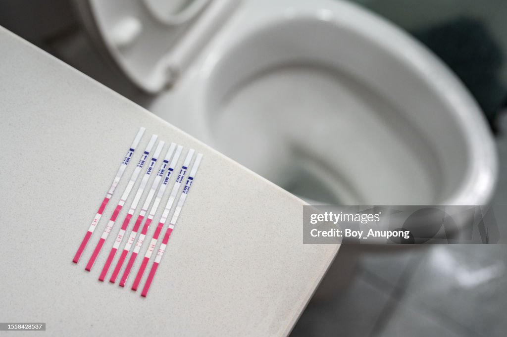 Group of LH ovulation test strip after used it. Tests Strips give accurate and clear results for the possibility of pregnancy.