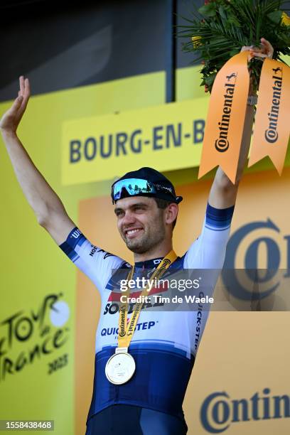 Kasper Asgreen of Denmark and Team Soudal - Quick Step celebrates at podium as stage winner during the stage eighteen of the 110th Tour de France...