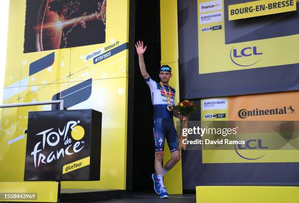 Kasper Asgreen of Denmark and Team Soudal - Quick Step celebrates at podium as stage winner during the stage eighteen of the 110th Tour de France...