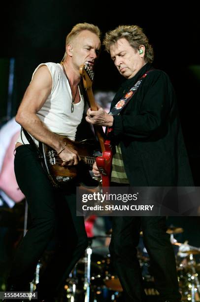 Sting, lead singer of the British rock band The Police and guitarist Andy Summers perform at the Twickenham stadium, west of London as part of their...