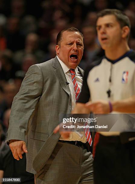 Head coach Tom Thibodeau of the Chicago Bulls yells at referee Eli Rose during a game against the Oklahoma City Thunder at the United Center on...